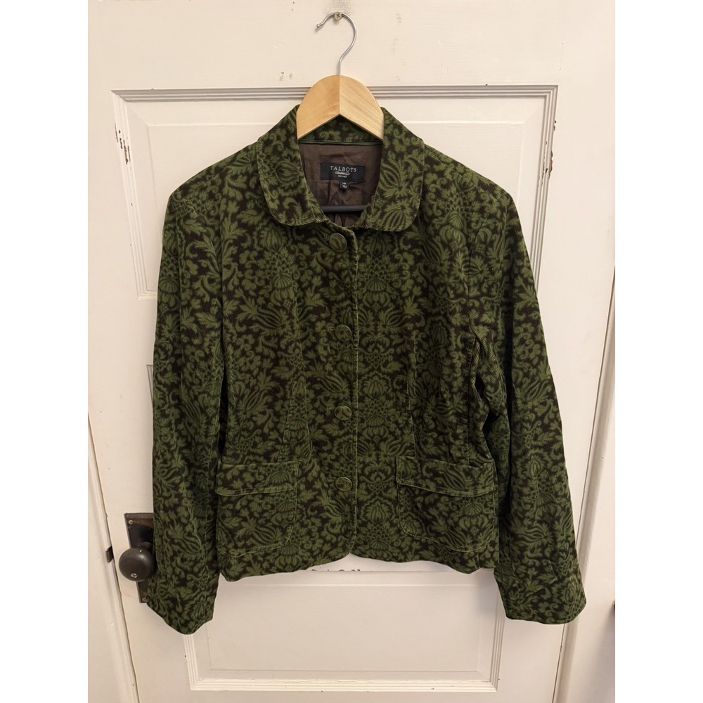 Talbots Green Brown Floral Corduroy Jacket Lined Covered Buttons Fall Size 14P